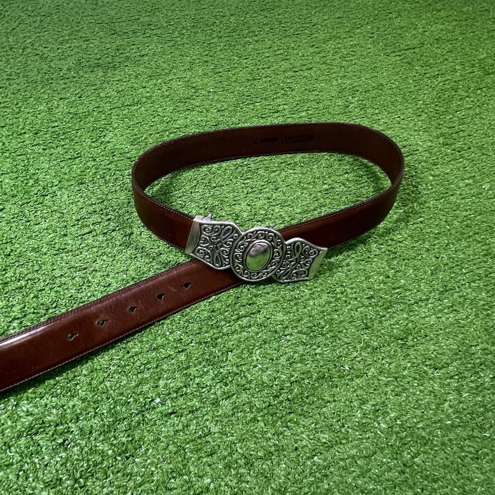 Vintage‎ Brighton Leather Western Belt SZ LG Ornate Buckle Silver 1994 Rodeo